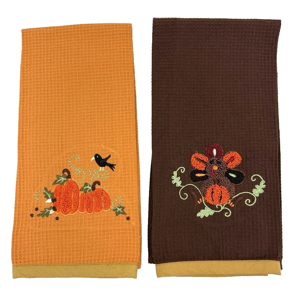 Kitchen Towels Orange & Brown - Crewel Embroidery of Pumpkins &Turkey Lot of 2